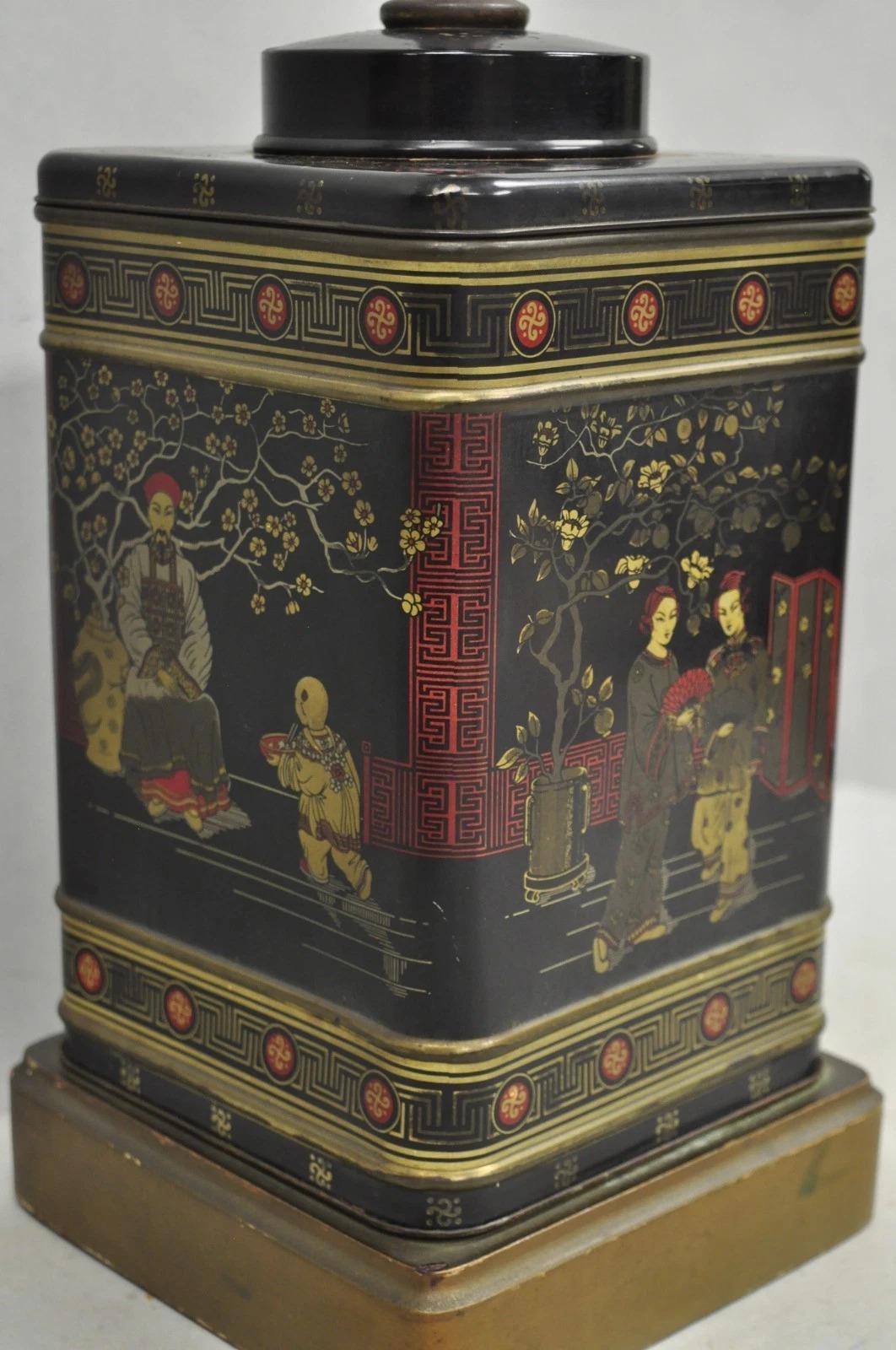 Lámpara de sobremesa Vintage Chinoiserie English Tole Metal Tea Canister Chinese Painted en venta 7