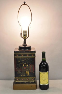 Vintage Chinoiserie English Tole Metal Tea Canister Chinese Painted Table Lamp
