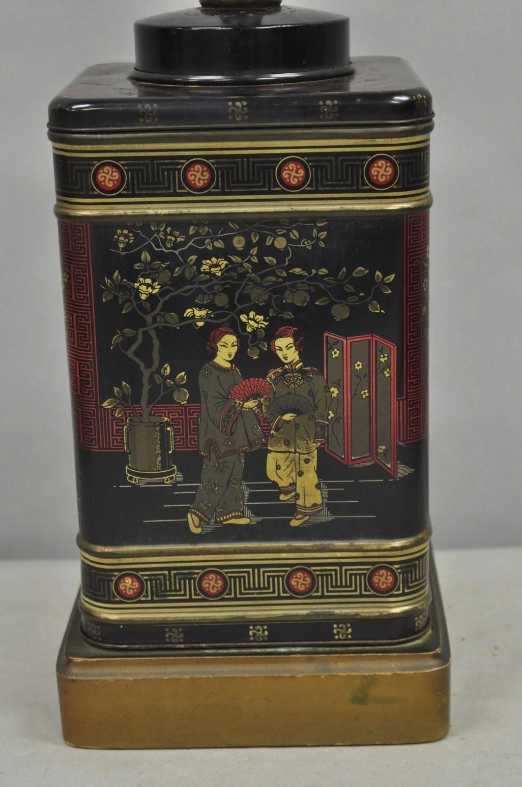 Lámpara de sobremesa Vintage Chinoiserie English Tole Metal Tea Canister Chinese Painted Desconocido en venta
