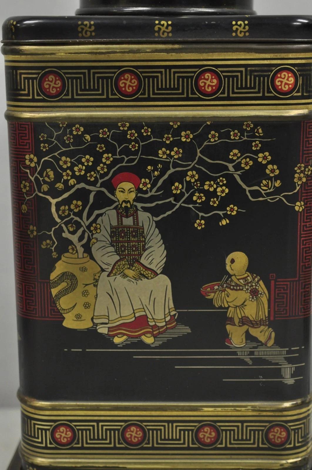 Lámpara de sobremesa Vintage Chinoiserie English Tole Metal Tea Canister Chinese Painted en venta 1