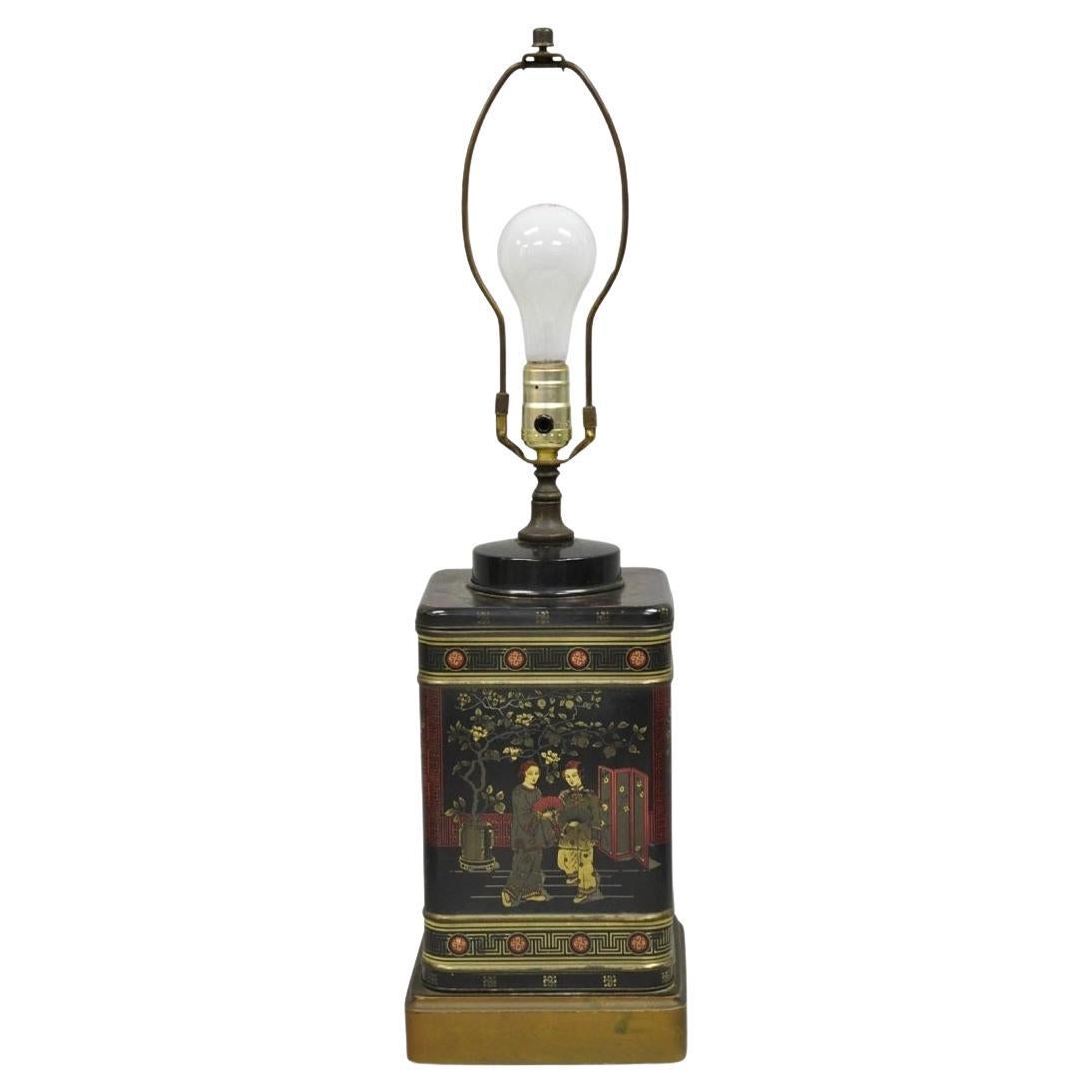 Vintage Chinoiserie English Tole Metal Tea Canister Chinese Painted Table Lamp