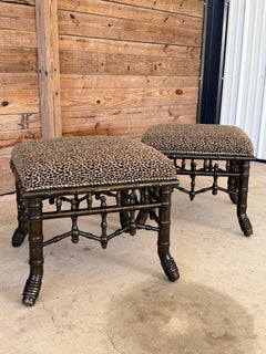 Vintage Chinoiserie Faux Bamboo Fretwork Ottomans With Leopard Upholstery-Pair