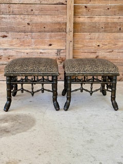 Vintage Chinoiserie Faux Bamboo Fretwork Ottomans With Leopard Upholstery-Pair