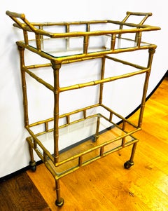Vintage Chinoiserie Faux Bamboo Gold Gilt Metal Rolling Bar Cart
