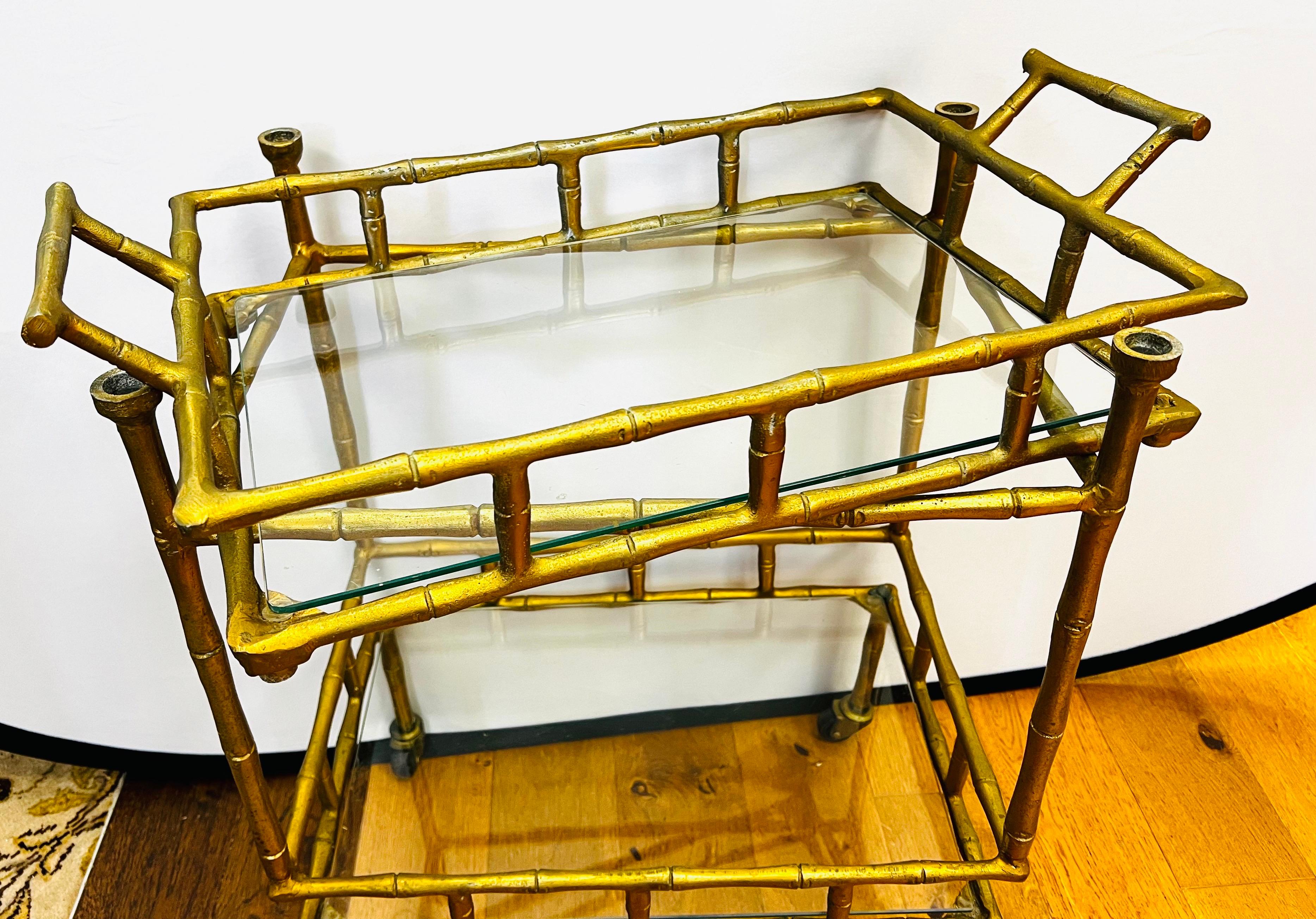 French Vintage Chinoiserie Faux Bamboo Gold Gilt Metal Rolling Bar Cart