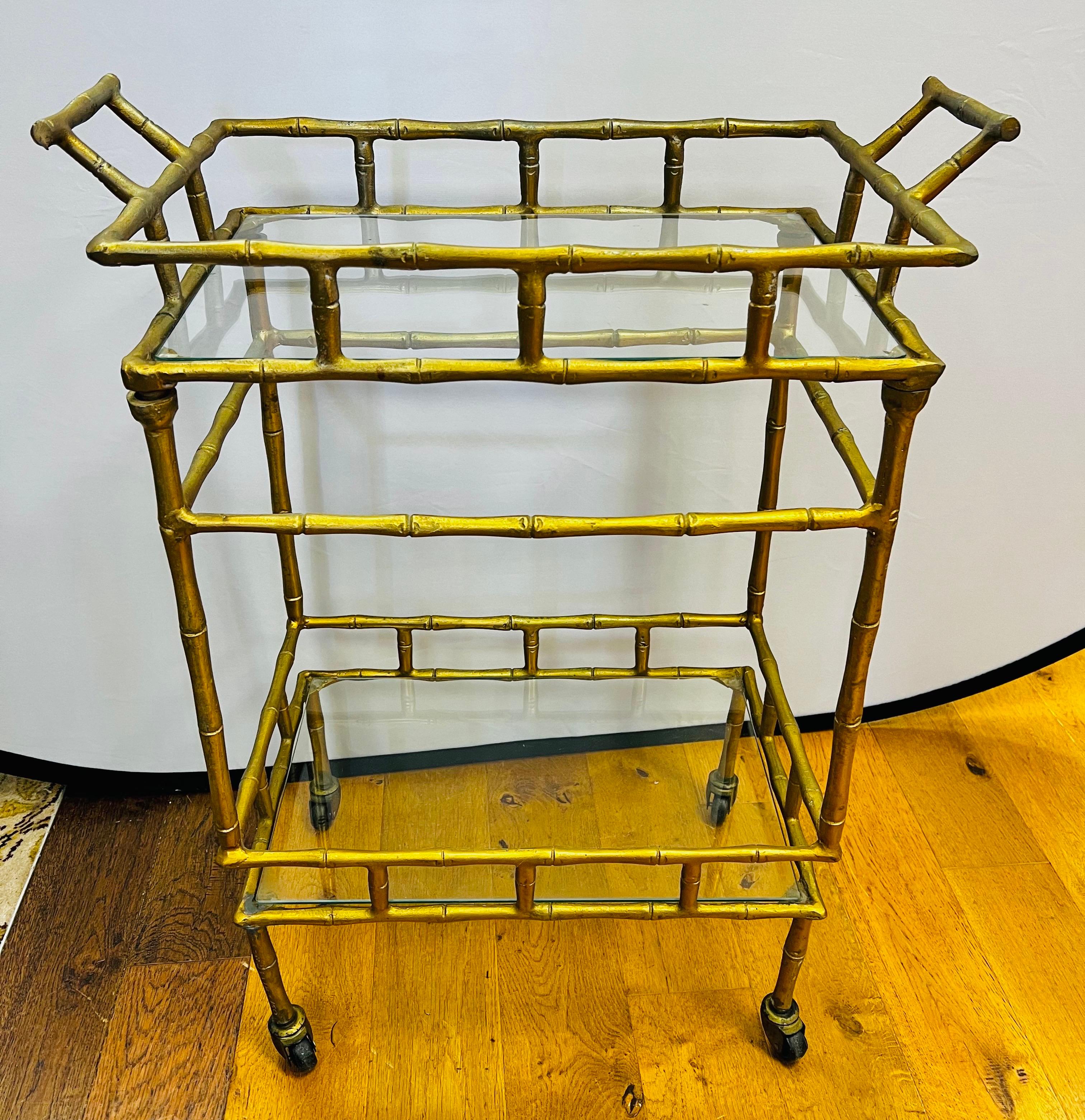 Vintage Chinoiserie Faux Bamboo Gold Gilt Metal Rolling Bar Cart 1