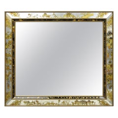 Specchio da parete orientale vintage in stile chinoiserie, con figure in tecnica eglomise e pittura a rovescio