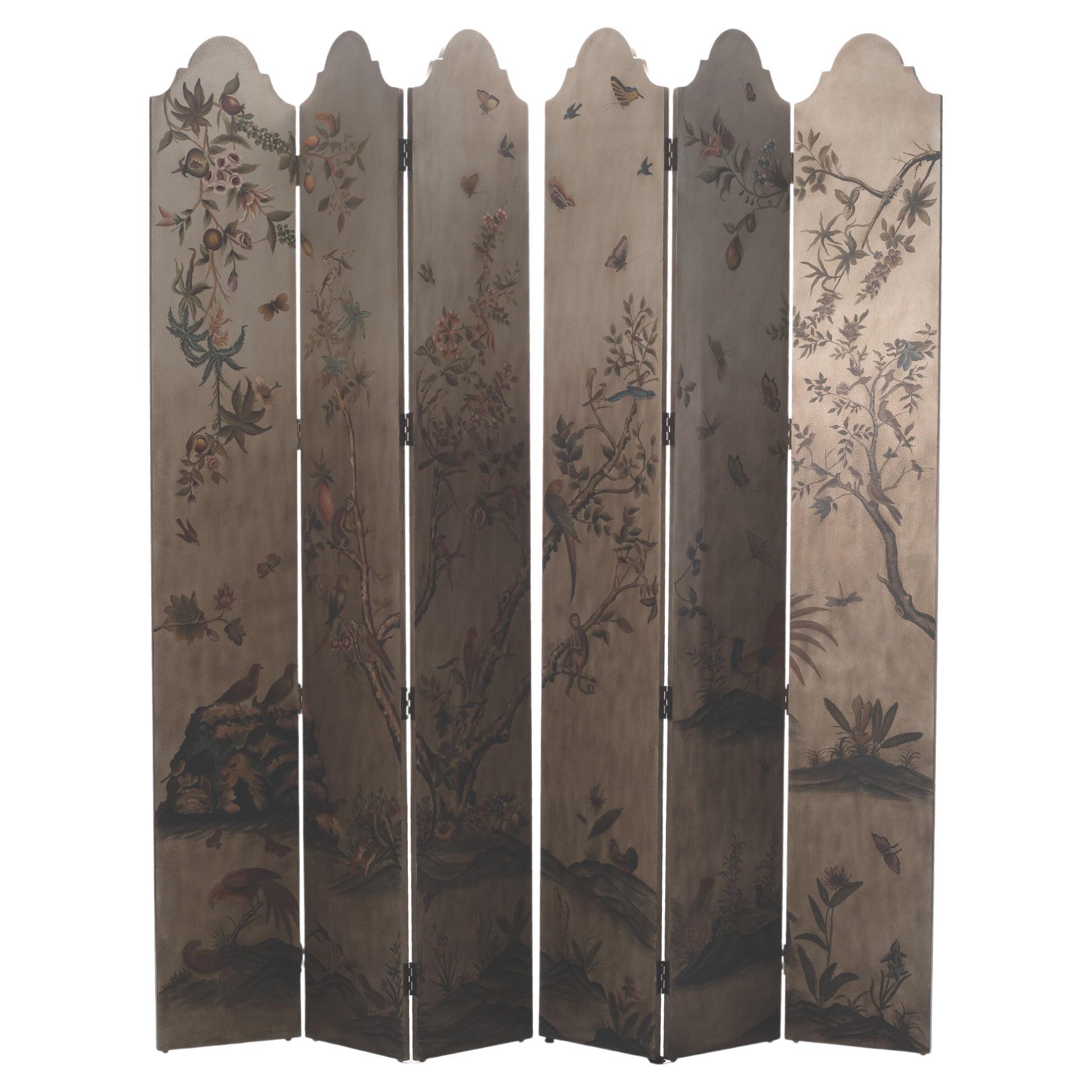Vintage six panel chinoiserie floral folding screen. A lovely floral silvery scene with foliage, birds and butterflies.