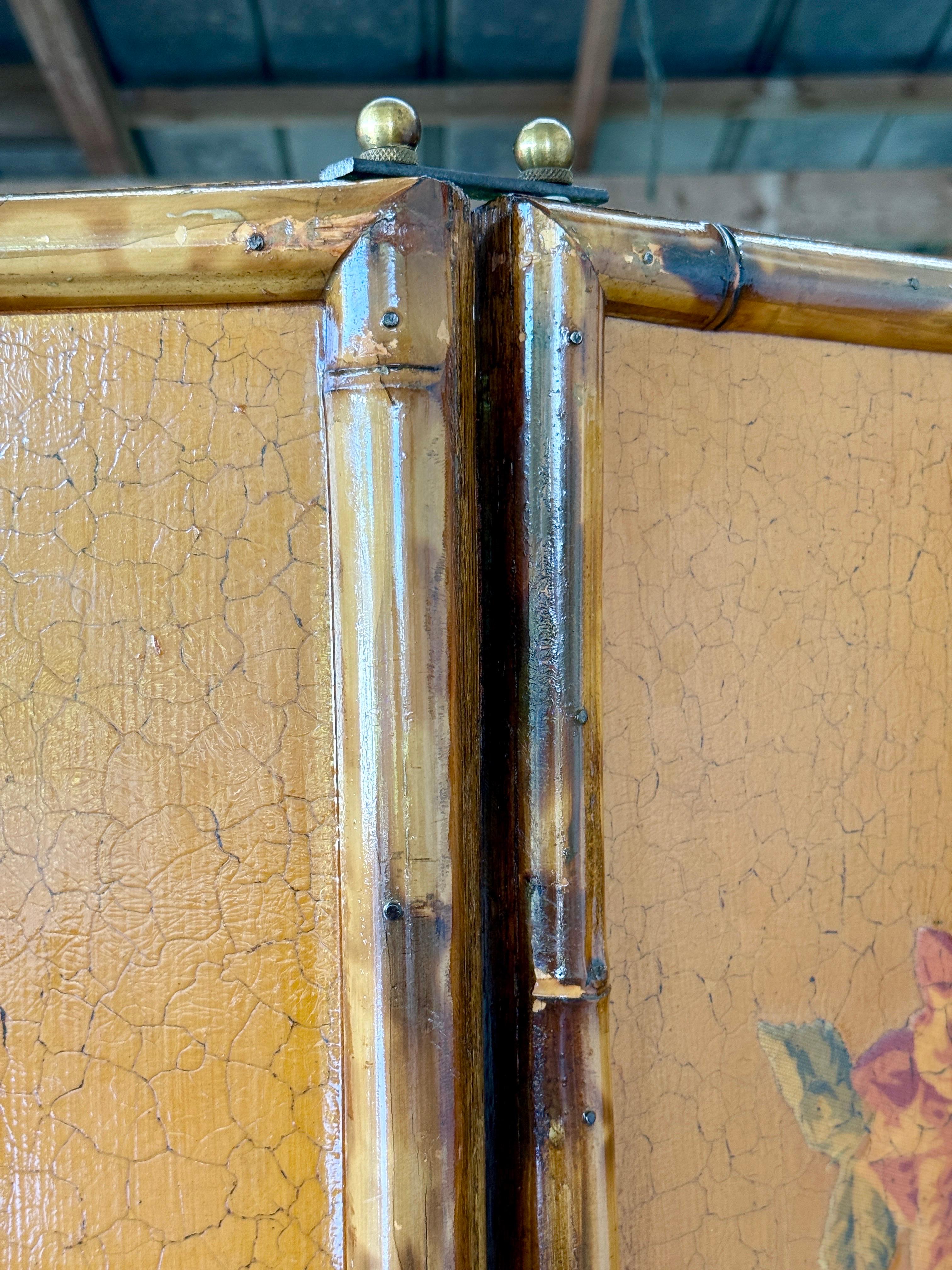 Vintage Chinoiserie Floral Three-Panel Bamboo Screen Room Divider With Cracked L For Sale 5