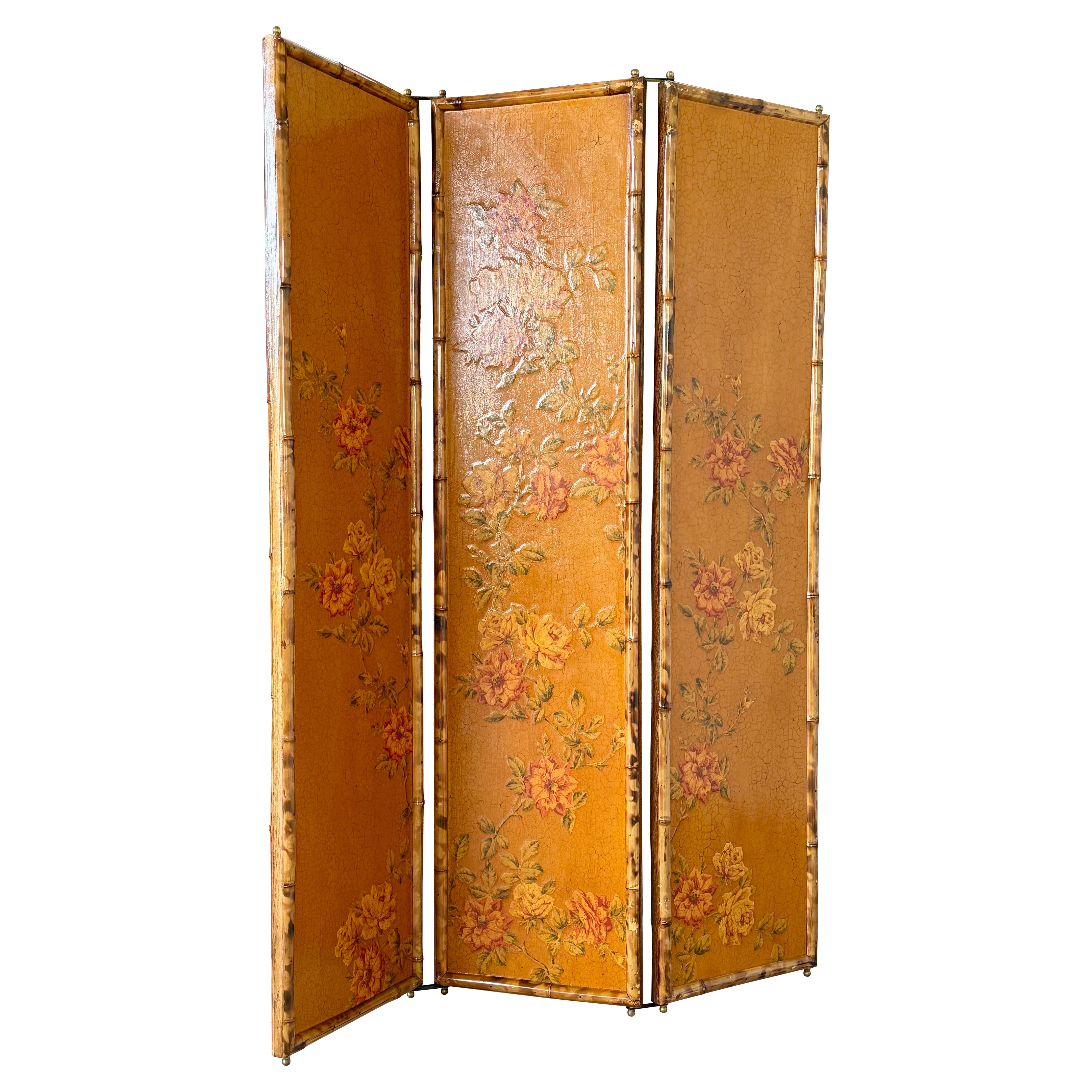Vintage Chinoiserie Floral Three-Panel Bamboo Screen Room Divider With Cracked L