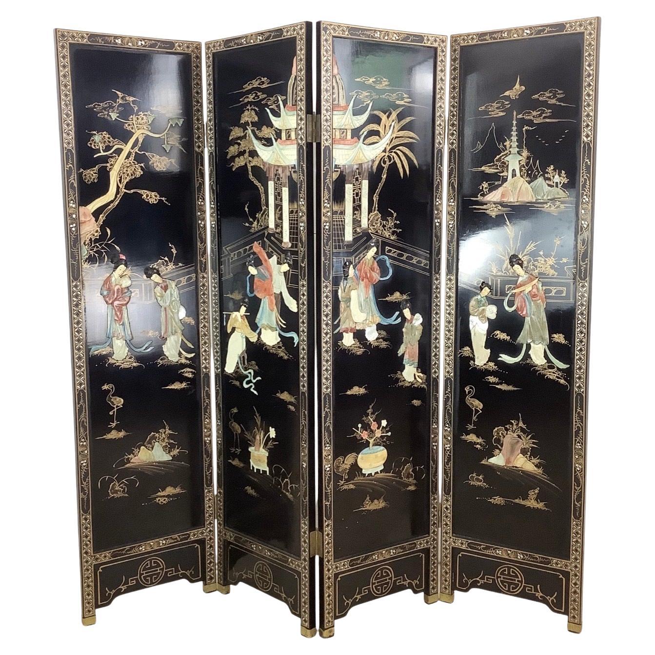 Vintage Chinoiserie Four-Panel Lacquered Folding Screen