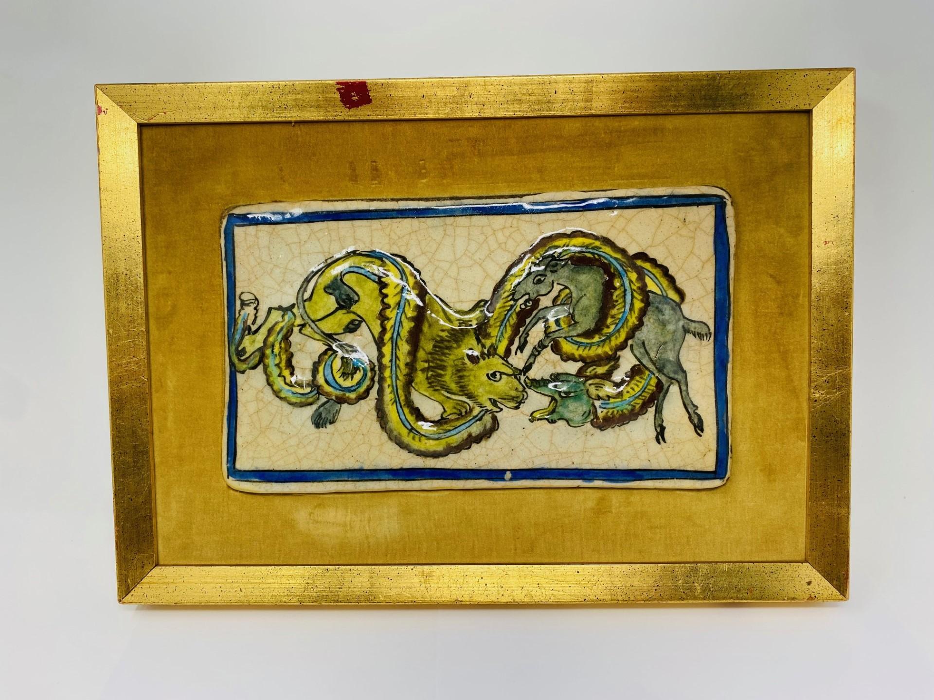 Vintage Chinoiserie Framed Ceramic Art Tile 1960s In Good Condition For Sale In San Diego, CA