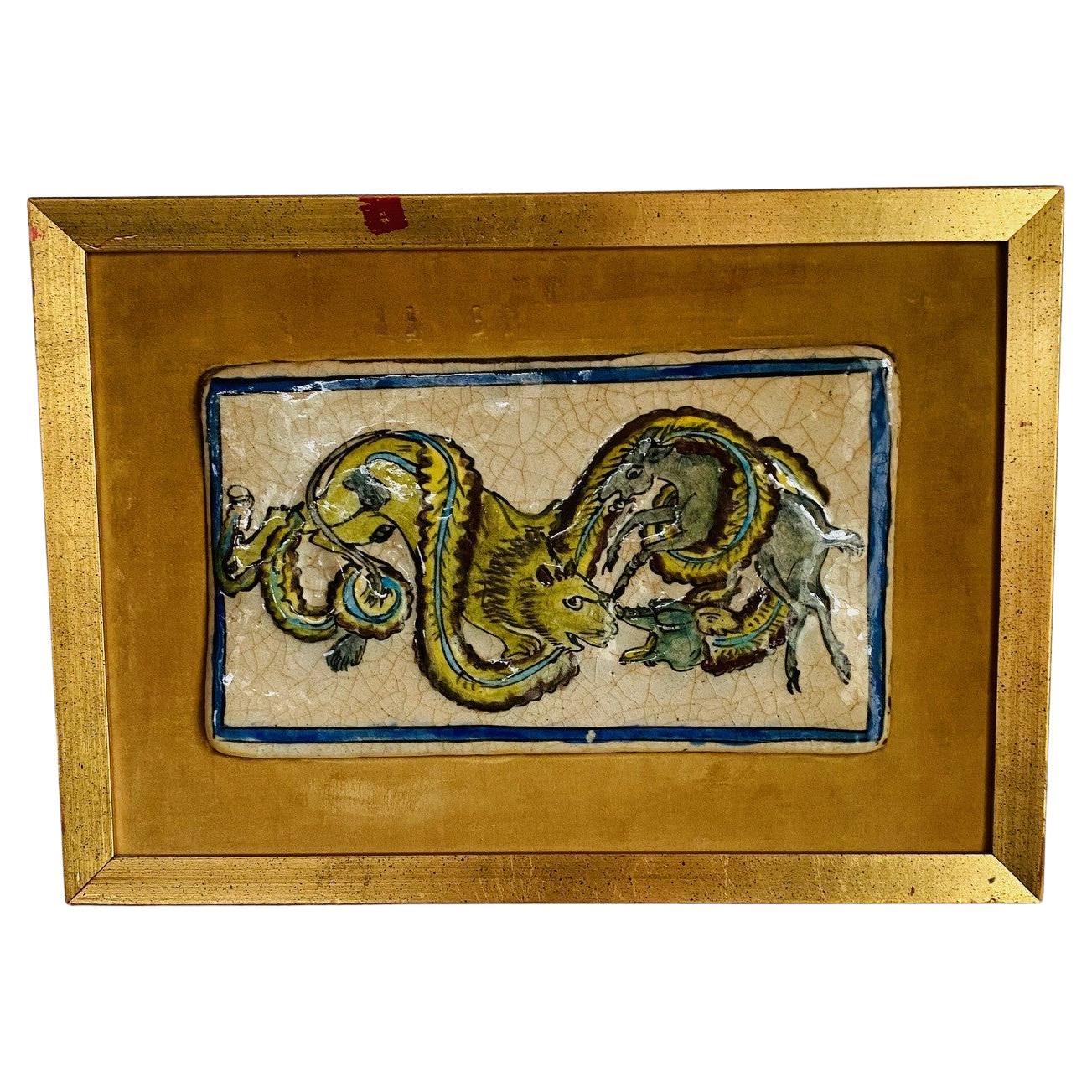 Piastrella d'arte in ceramica con cornice Chinoiserie vintage 1960s