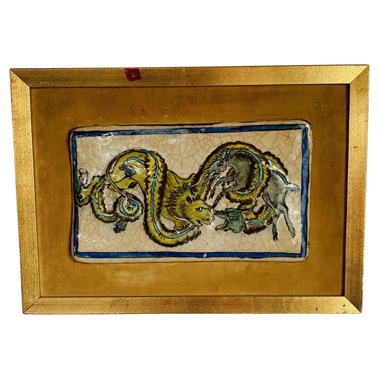 Vintage Chinoiserie Framed Ceramic Art Tile 1960s For Sale