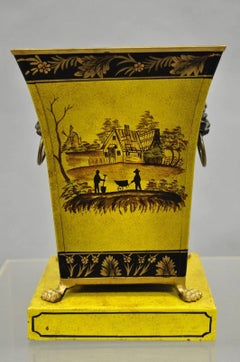Vintage Chinoiserie French Country Yellow Metal Toleware Wastebasket Trash Can