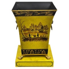 Vintage Chinoiserie Französisch Land Gelb Metall Toleware Papierkorb Mülleimer