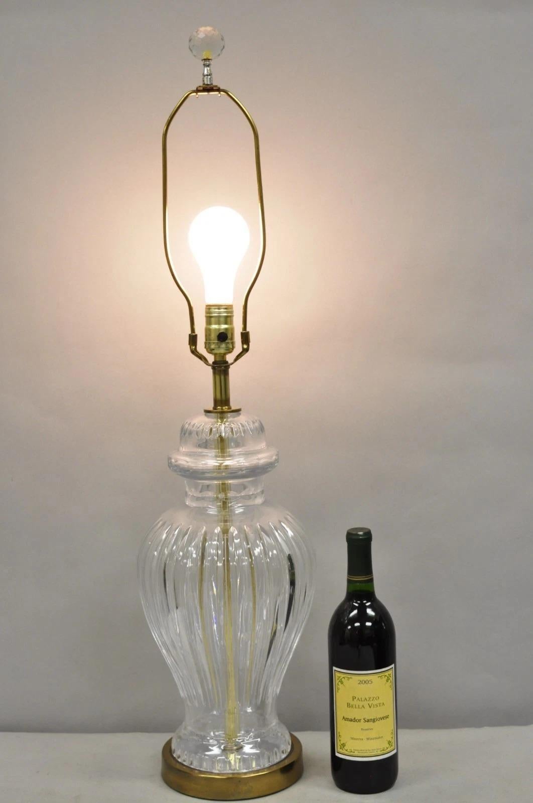 Vintage Chinoiserie French Ribbed Leaded Crystal Glass Ginger Jar Brass Table Lamp. Circa Late 20th Century. Measurements: 33.5