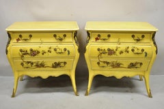 Vintage Chinoiserie French Louis XV Yellow Painted 3 Drawer Nightstands - a Pair