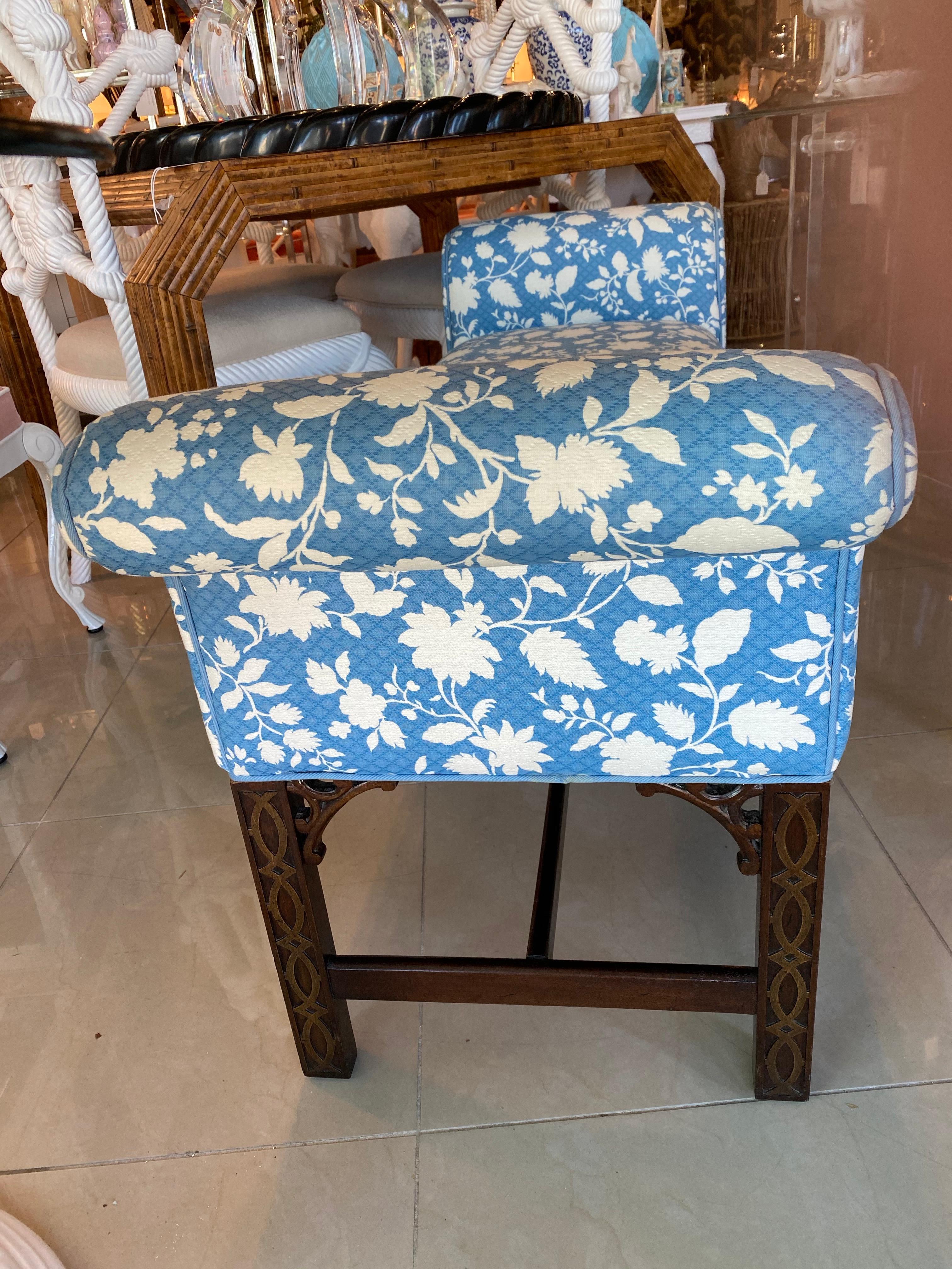 Upholstery Vintage Chinoiserie Fretwork Fret Wood Bench Blue and White