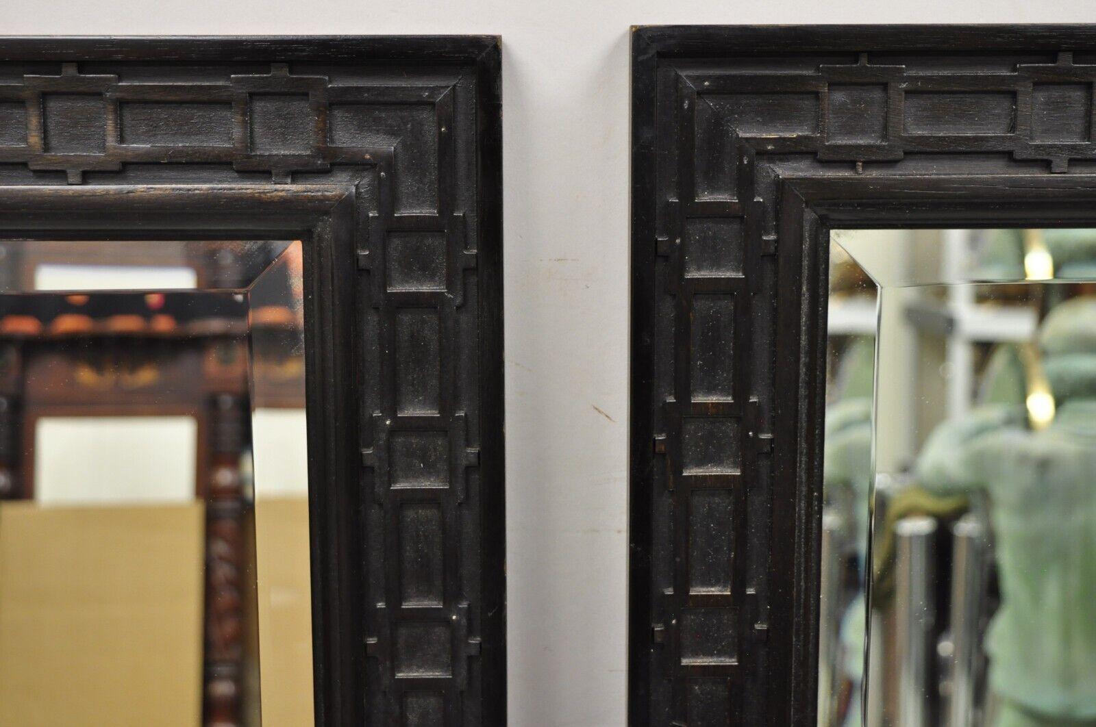 20th Century Vintage Chinoiserie Fretwork Solid Wood Frame Rectangular Wall Mirrors, a Pair For Sale