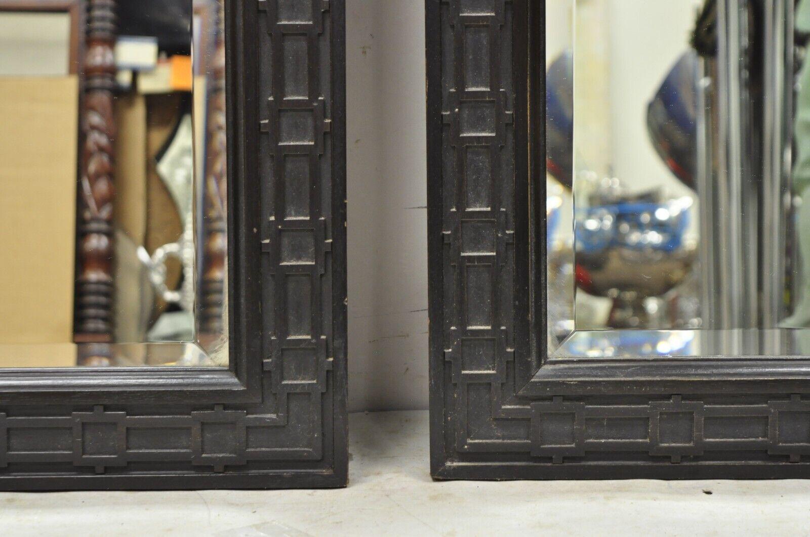 Vintage Chinoiserie Fretwork Solid Wood Frame Rectangular Wall Mirrors, a Pair For Sale 2