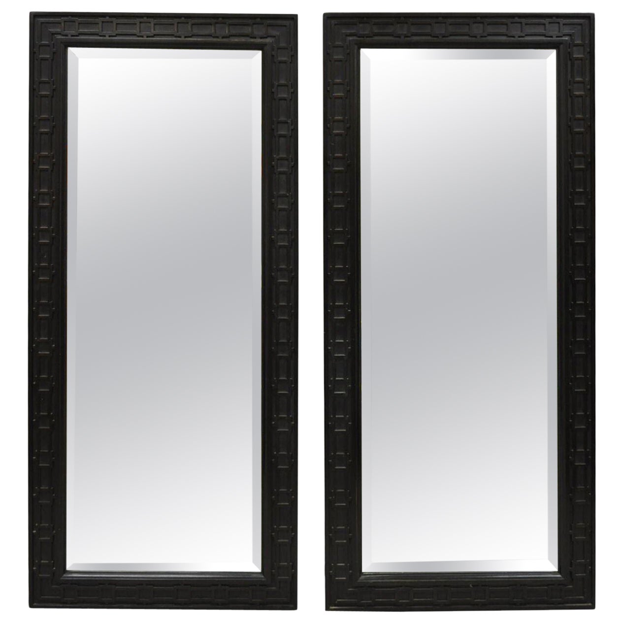 Vintage Chinoiserie Fretwork Solid Wood Frame Rectangular Wall Mirrors, a Pair