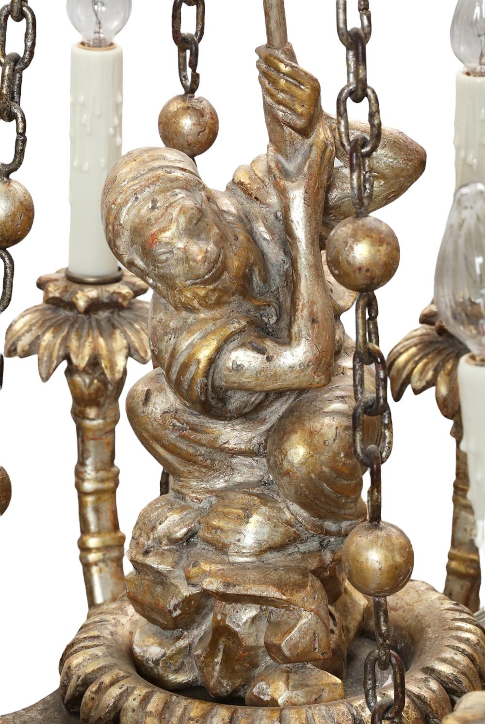 Mid-Century Modern Vintage Chinoiserie Giltwood Chandeliern with Monkey  For Sale