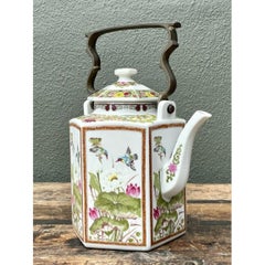 Vintage Chinoiserie Glazed Ceramic Botanical Tea Pot