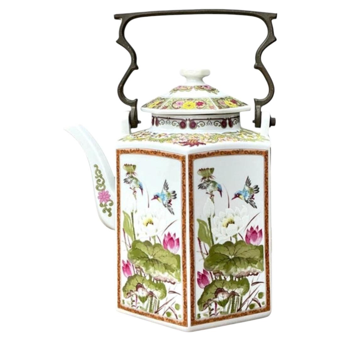 Vintage Chinoiserie Glazed Ceramic Botanical Tea Pot For Sale