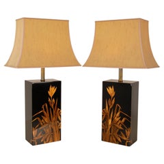 Vintage Chinoiserie Gold and Black lacquer Pagoda Table Lamps Retro 1970s a Pair