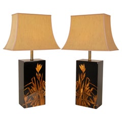 Paire de lampes de bureau pagodes vintage en laque dorée et noire style chinoiseries rétro, années 1970