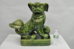 Vintage Chinoiserie Green Majolica Glazed Ceramic 22" Chinese Foo Dog Statue