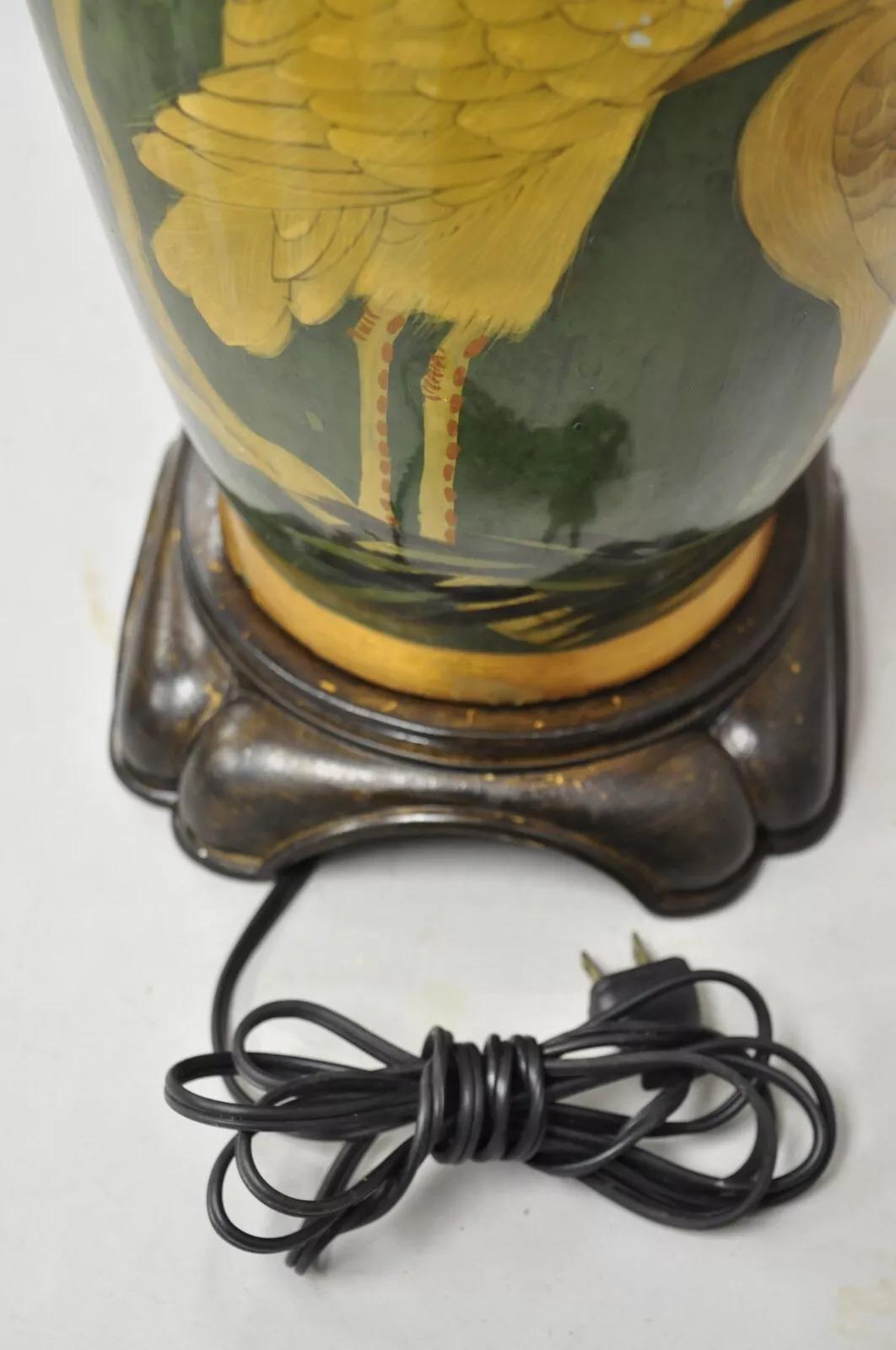 Vintage Chinoiserie Green Porcelain Jardiniere Table Lamp w/ Birds by Wildwood For Sale 4