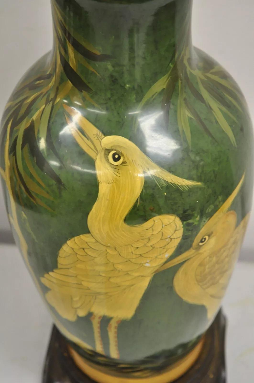 Vintage Chinoiserie Green Porcelain Jardiniere Table Lamp w/ Birds by Wildwood For Sale 6