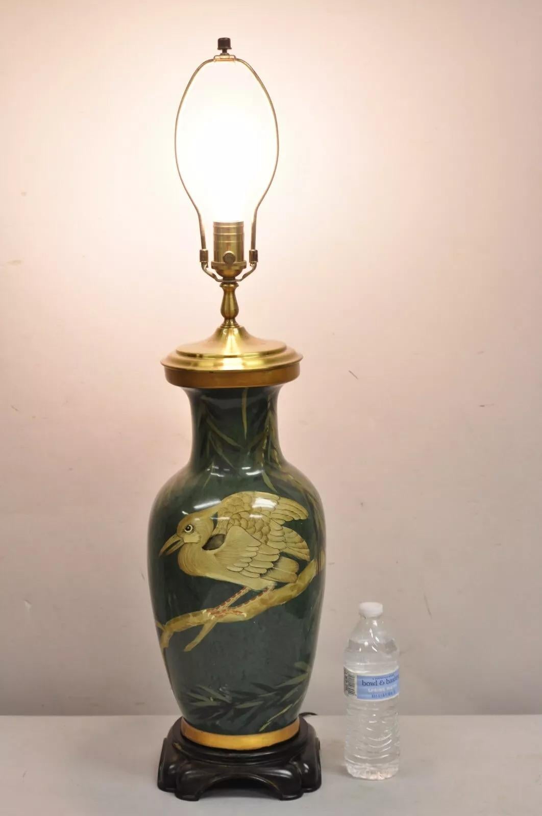 Vintage Chinoiserie Green Porcelain Jardiniere Table Lamp w/ Birds by Wildwood. Circa Late 20th Century. Measurements: 33