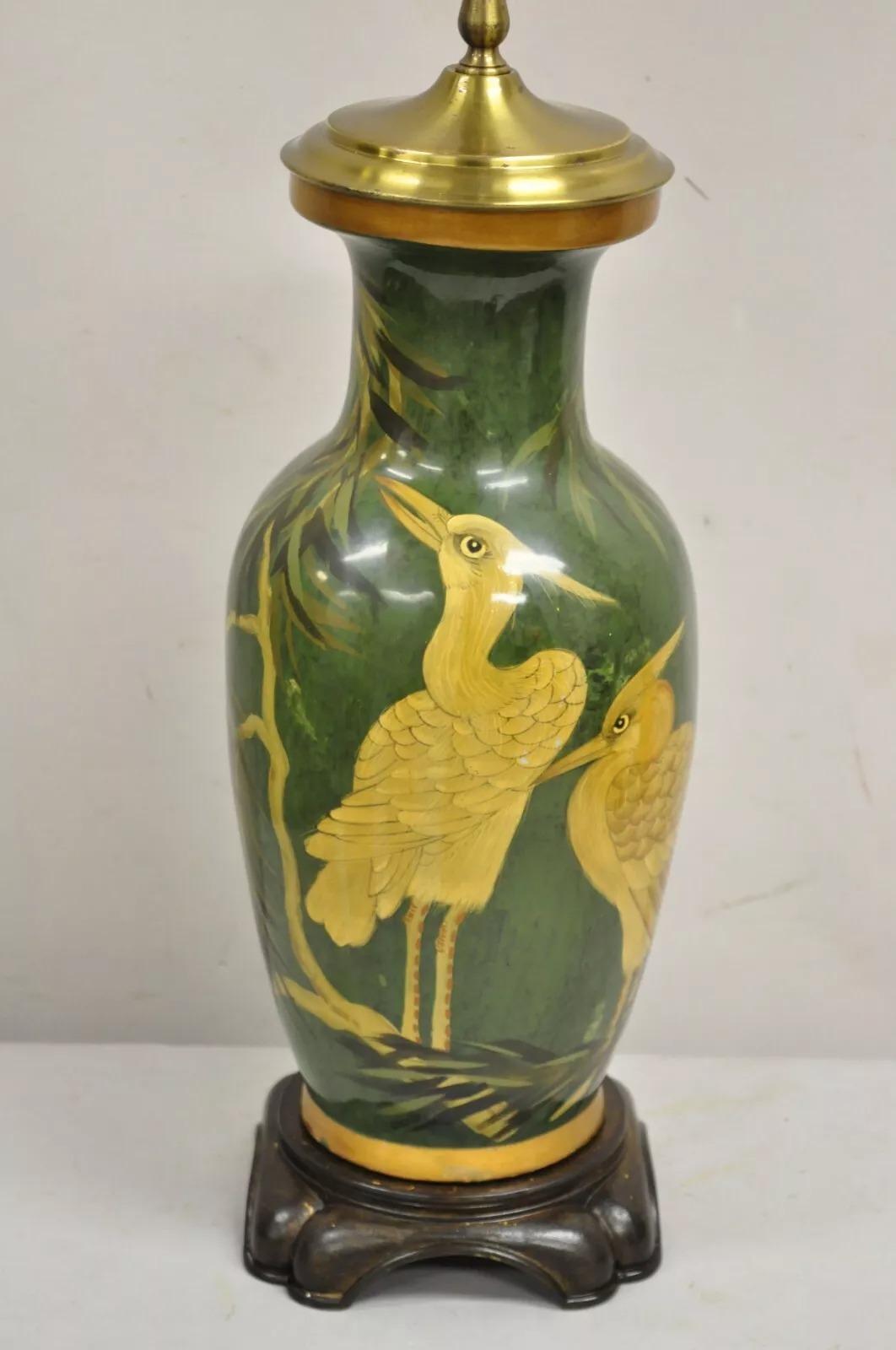 20th Century Vintage Chinoiserie Green Porcelain Jardiniere Table Lamp w/ Birds by Wildwood For Sale