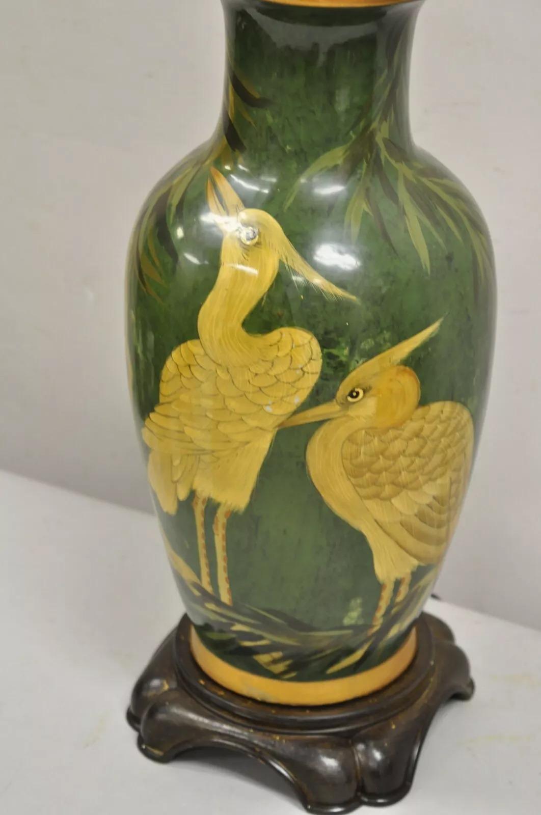 Brass Vintage Chinoiserie Green Porcelain Jardiniere Table Lamp w/ Birds by Wildwood For Sale