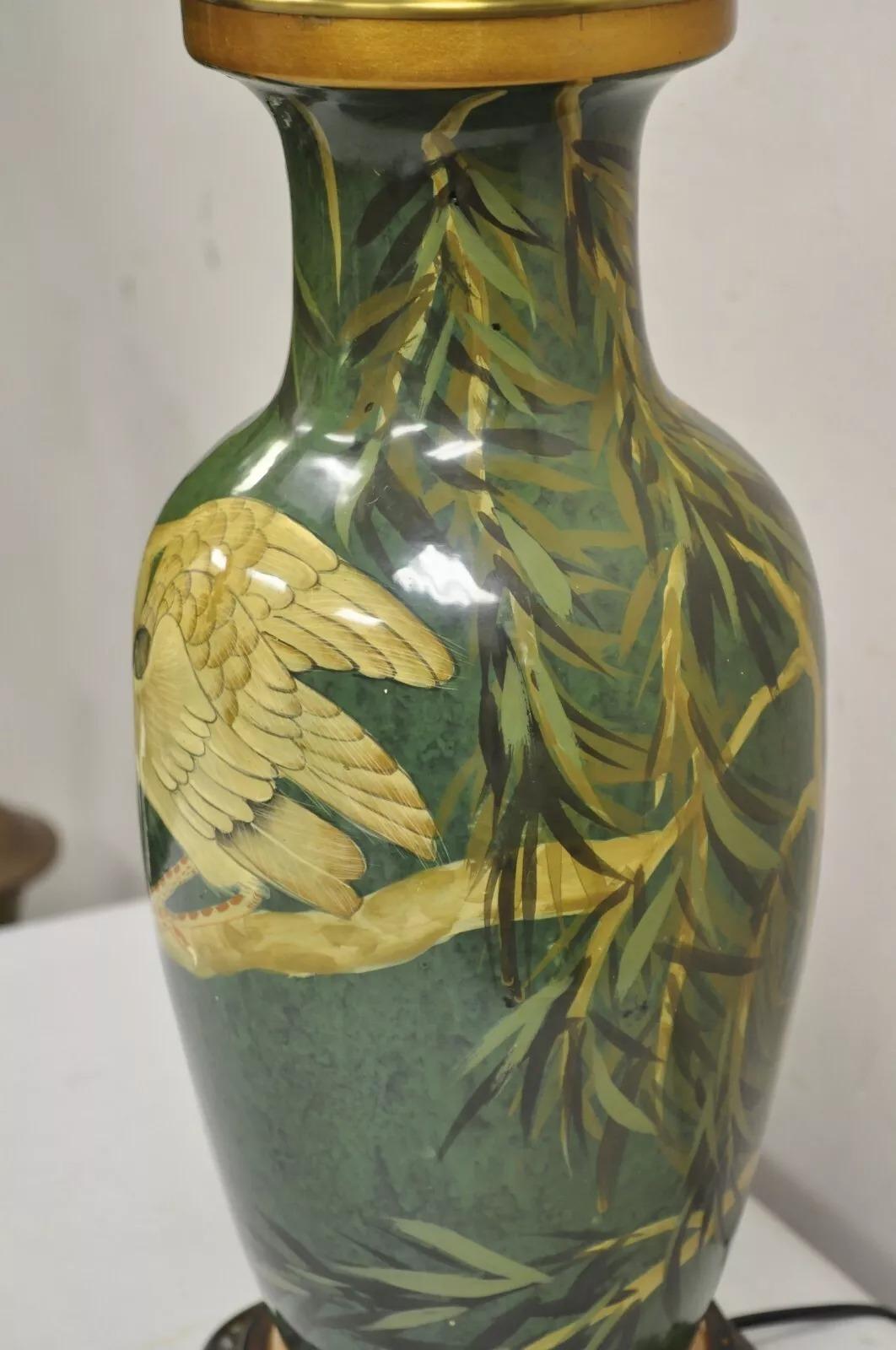 Vintage Chinoiserie Green Porcelain Jardiniere Table Lamp w/ Birds by Wildwood For Sale 1