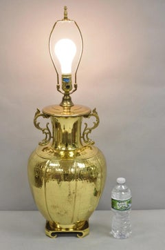 Vintage Chinoiserie Hammered Brass Pagoda Jardiniere Vase Table Lamp