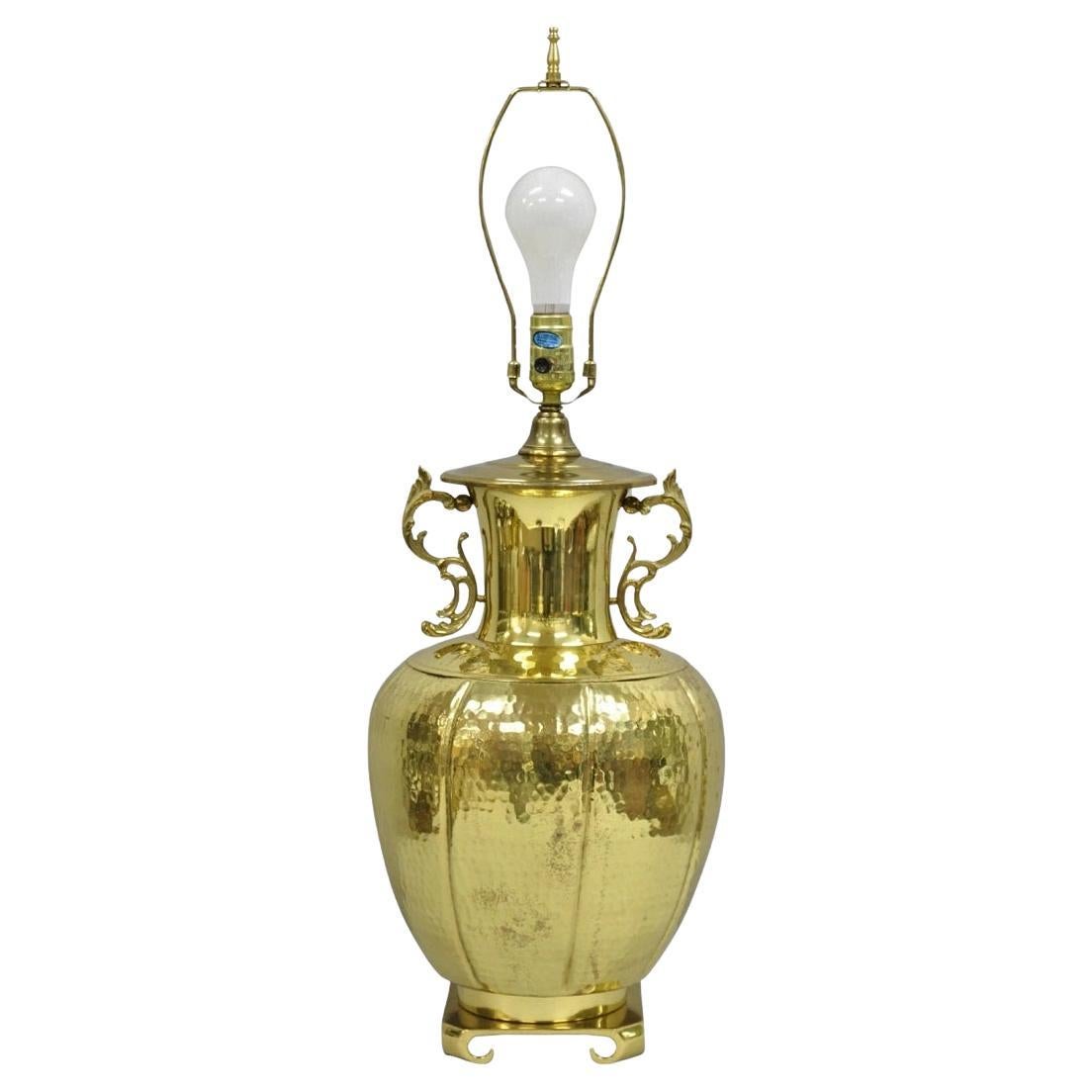Vintage Chinoiserie Hammered Brass Pagoda Jardiniere Vase Table Lamp