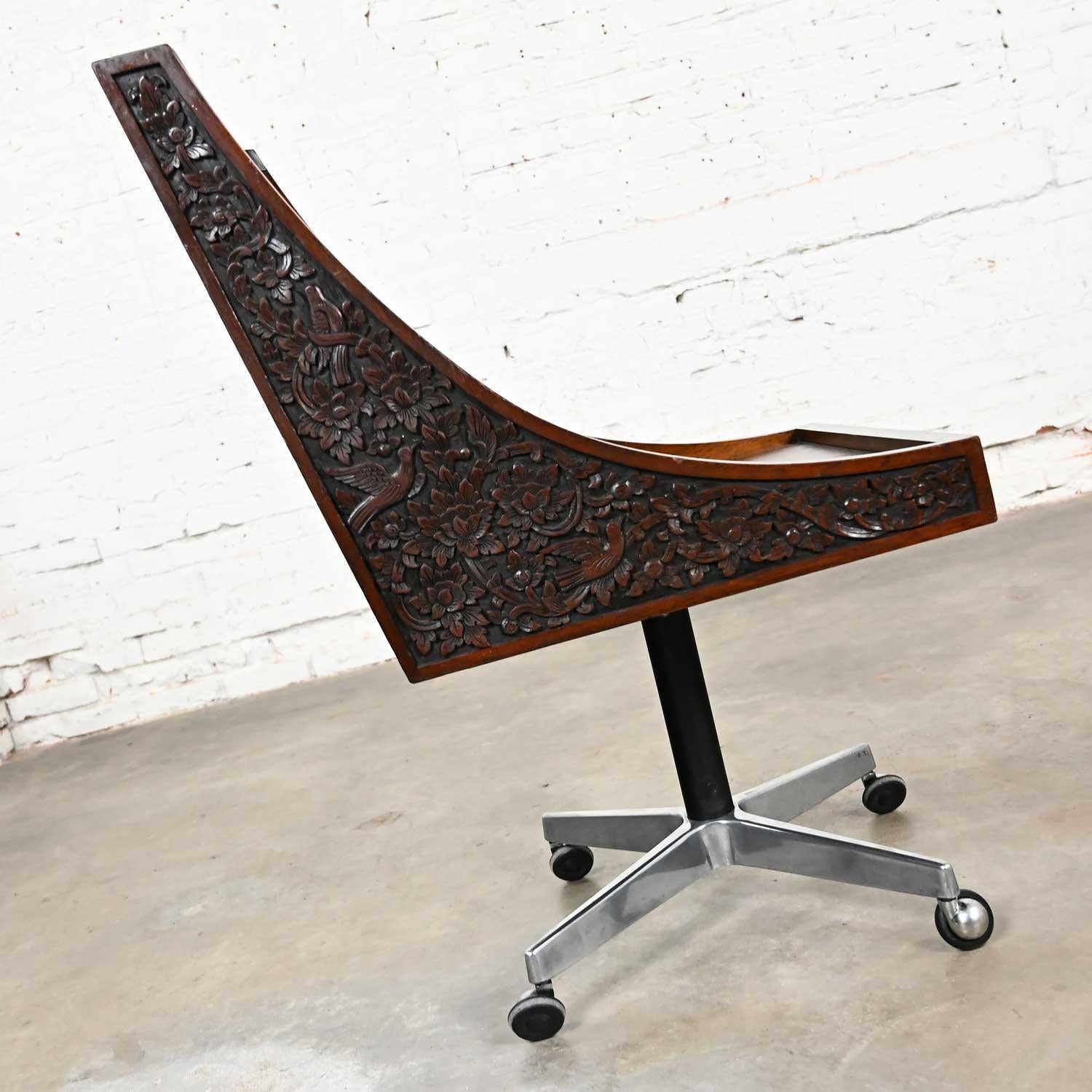 Vintage Chinoiserie Hand Carved Rosewood Rolling Desk Chair Bangkok Thailand For Sale 3