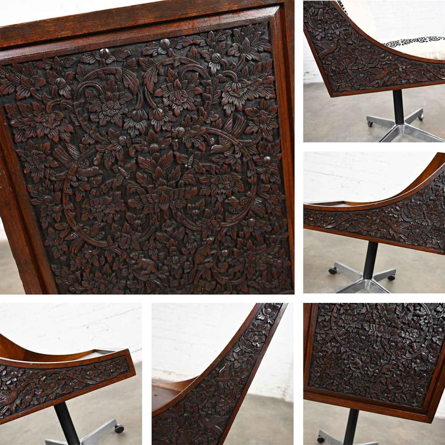 Vintage Chinoiserie Hand Carved Rosewood Rolling Desk Chair Bangkok Thailand For Sale 6