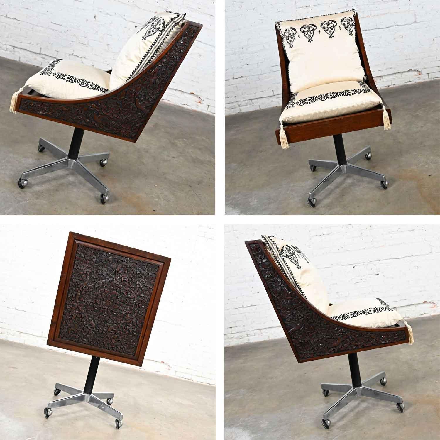 Vintage Chinoiserie Hand Carved Rosewood Rolling Desk Chair Bangkok Thailand For Sale 8