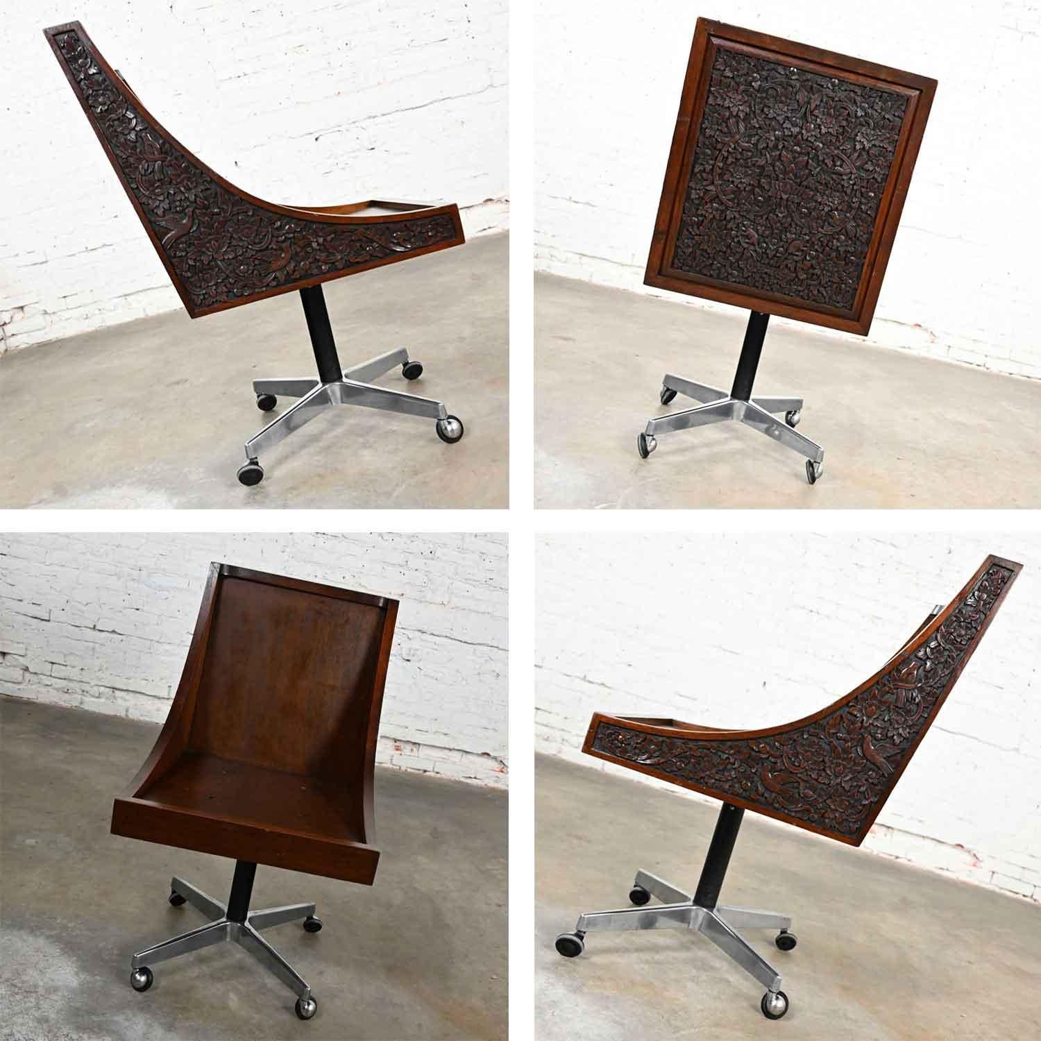 Vintage Chinoiserie Hand Carved Rosewood Rolling Desk Chair Bangkok Thailand For Sale 9