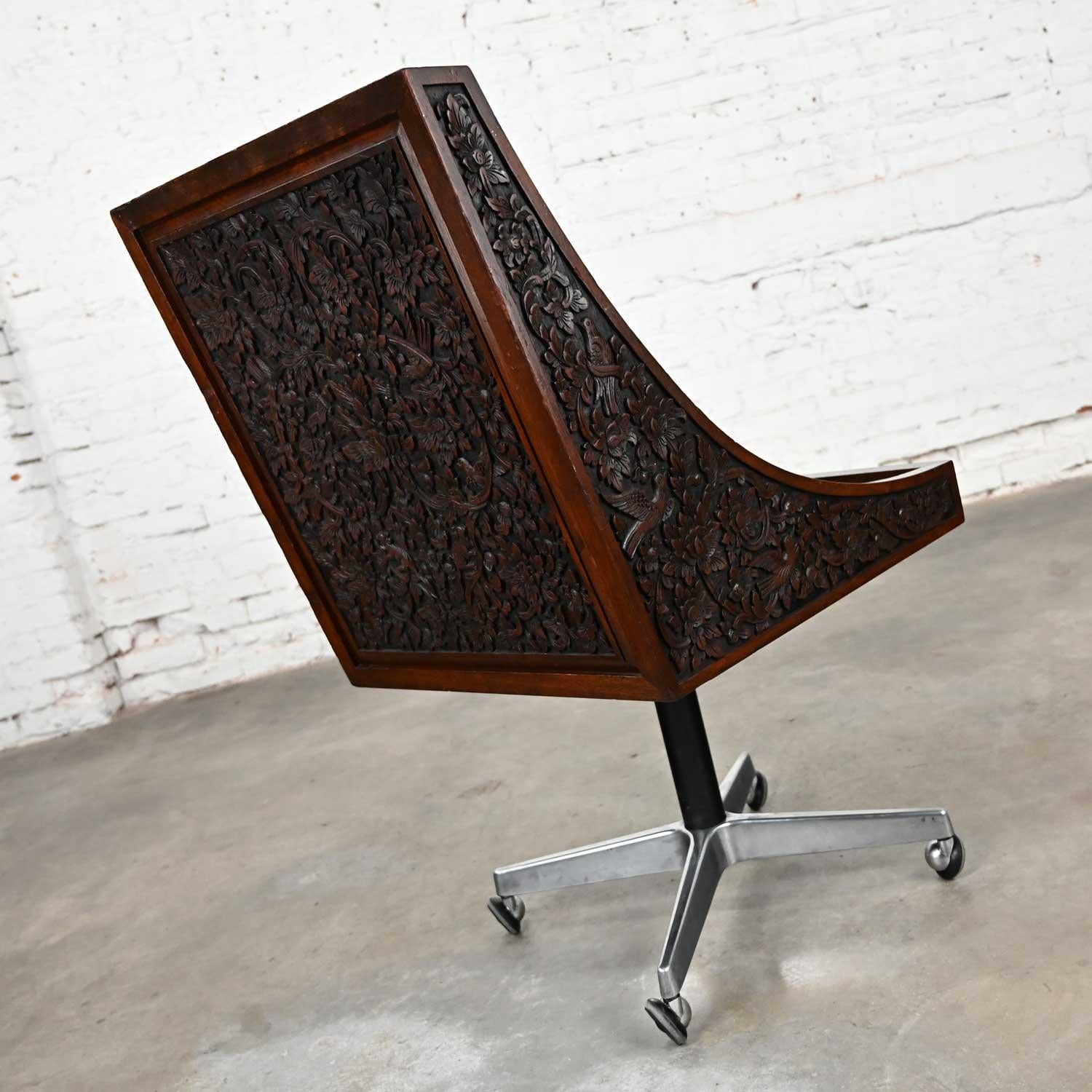 Aluminum Vintage Chinoiserie Hand Carved Rosewood Rolling Desk Chair Bangkok Thailand For Sale