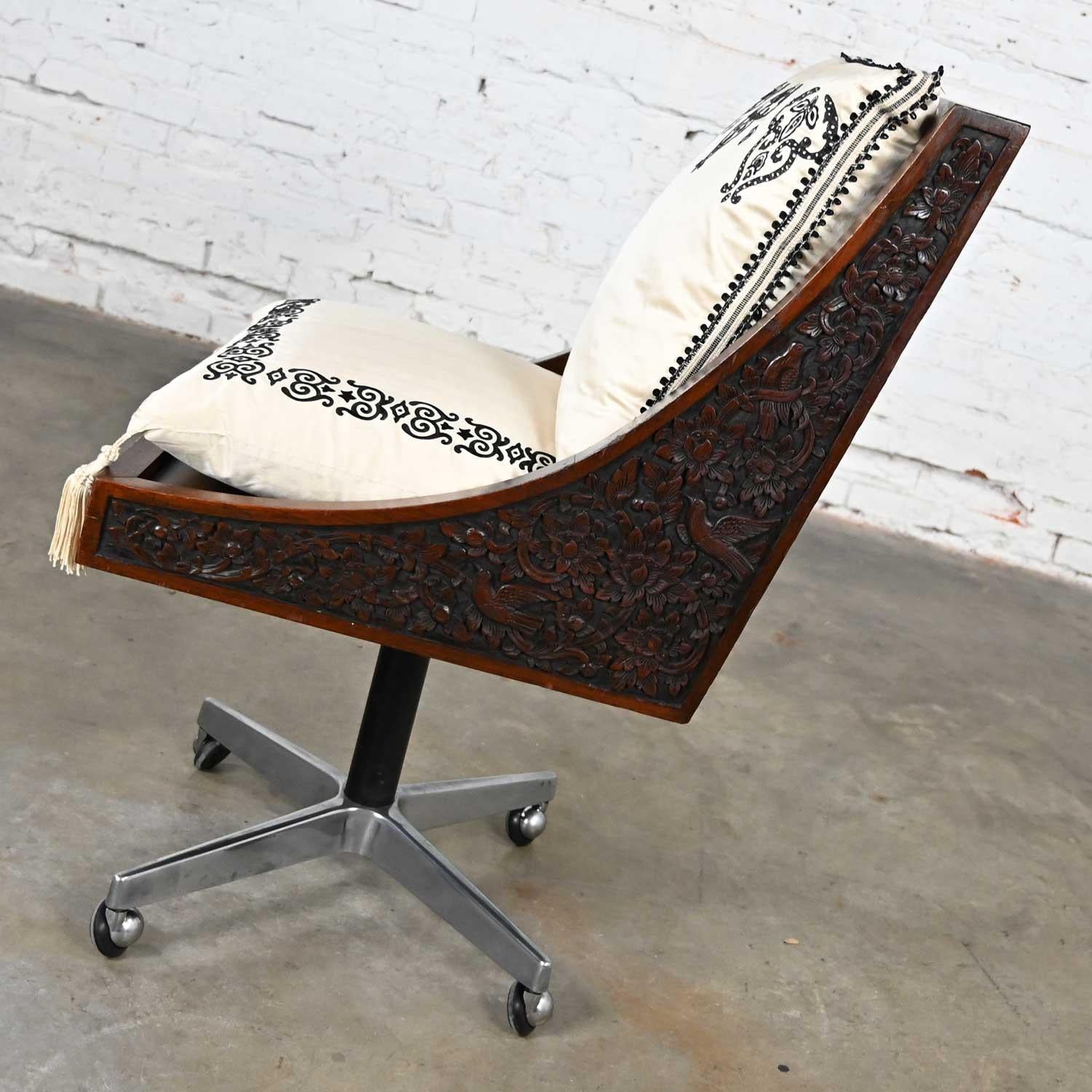 Vintage Chinoiserie Hand Carved Rosewood Rolling Desk Chair Bangkok Thailand For Sale 1