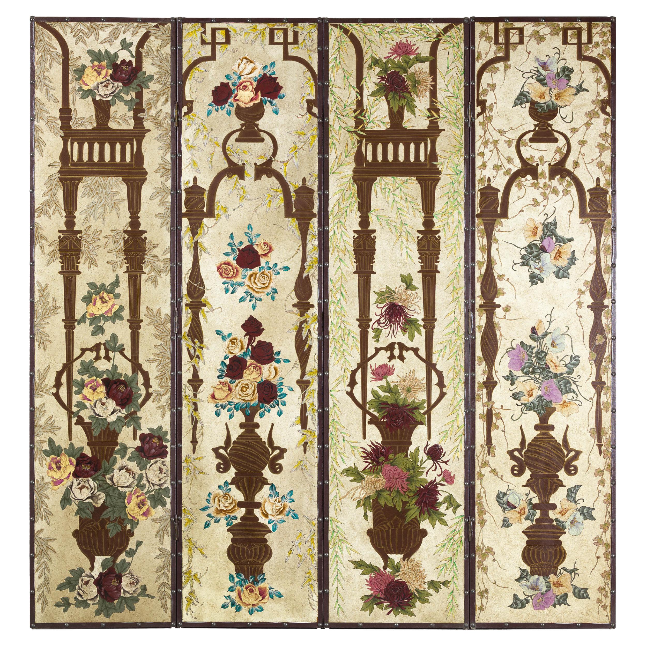 Vintage Chinoiserie Hand-Painted Floral Four-Panel Folding Screen Divider