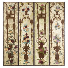 Biombo plegable de cuatro paneles con motivos florales pintados a mano en estilo Chinoiserie Vintage