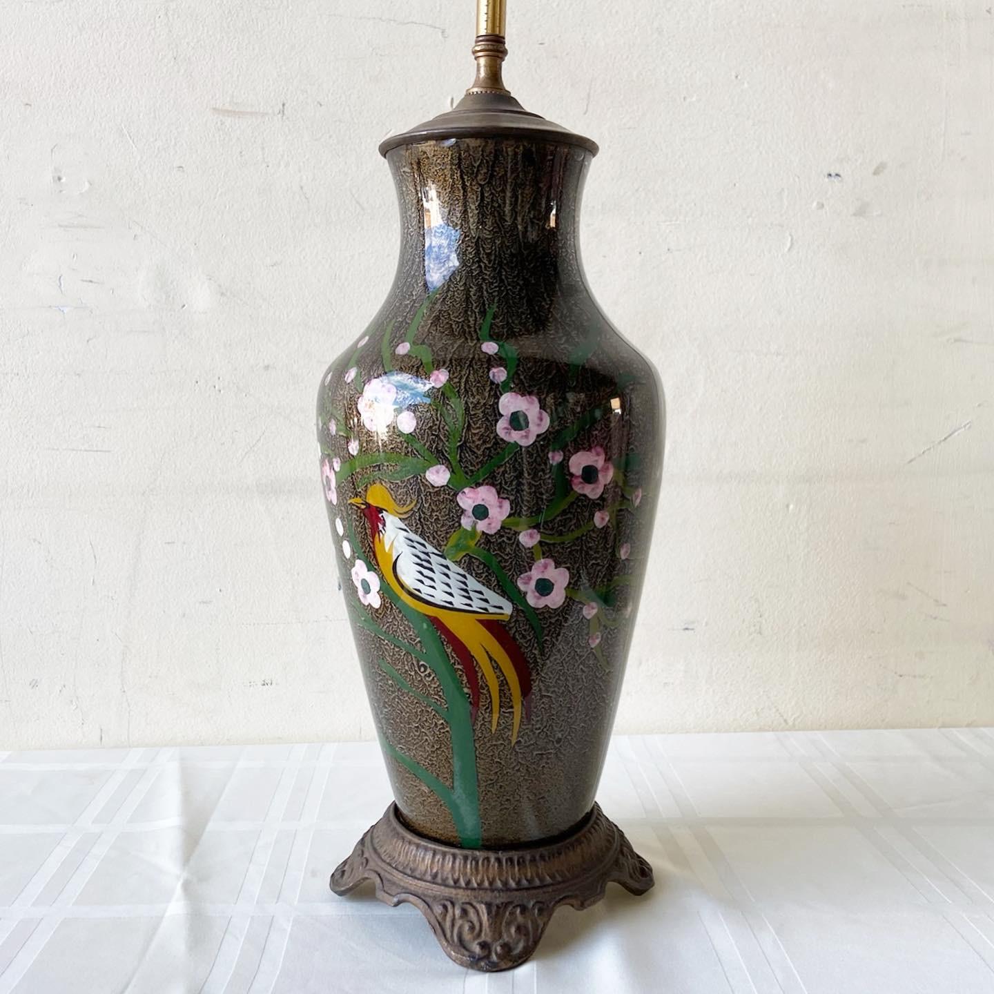 Vintage Chinoiserie Hand Painted Porcelain and Brass Table Lamp In Good Condition For Sale In Delray Beach, FL