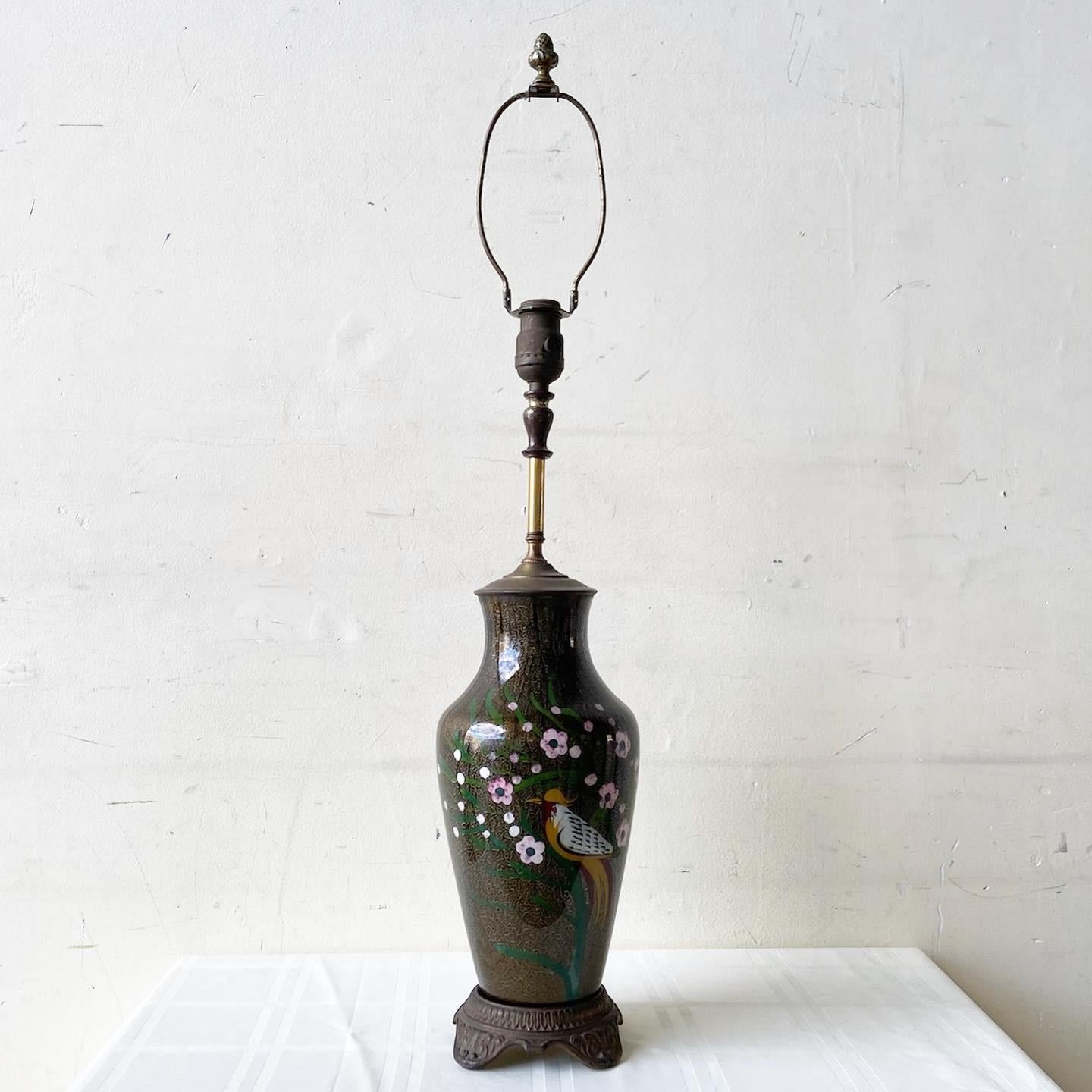 Vintage Chinoiserie Hand Painted Porcelain and Brass Table Lamp